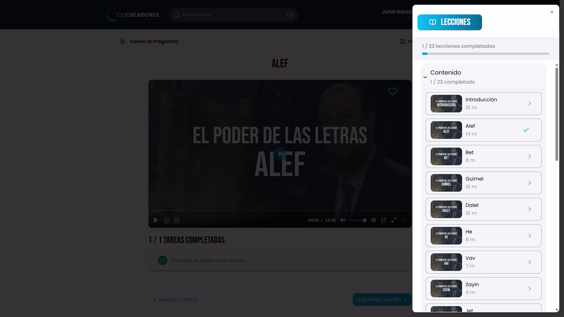 Panel de contenido del curso