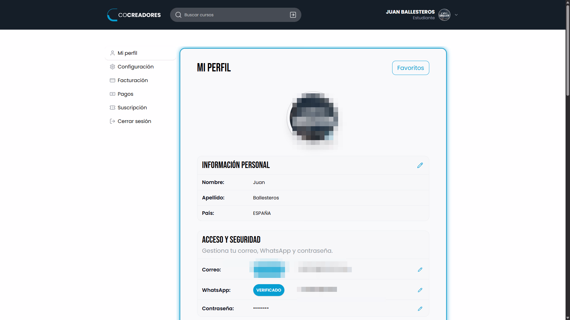Perfil del alumno con pagos y suscripción